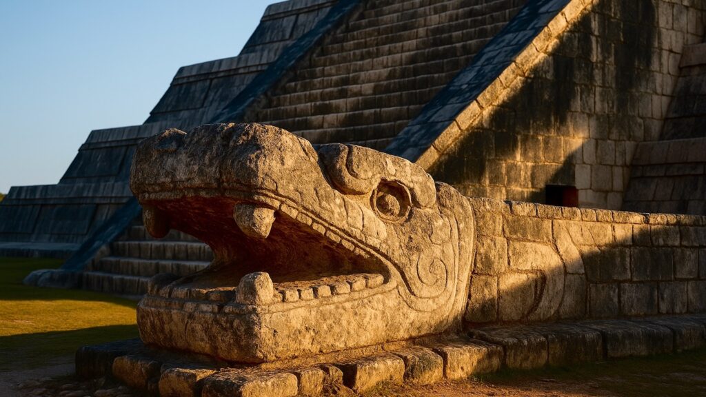 Каменная голова Кукулькана у основания