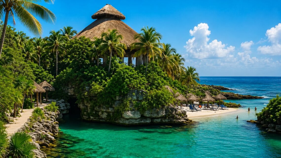 Парк Xcaret в Мексике с лагуной, пляжем и центральным павильоном на побережье Ривьеры Майя