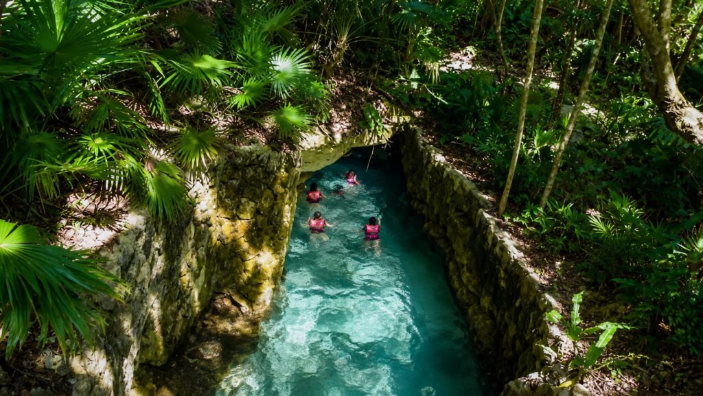 Подземная река в парке Xcaret с туристами во время плавания