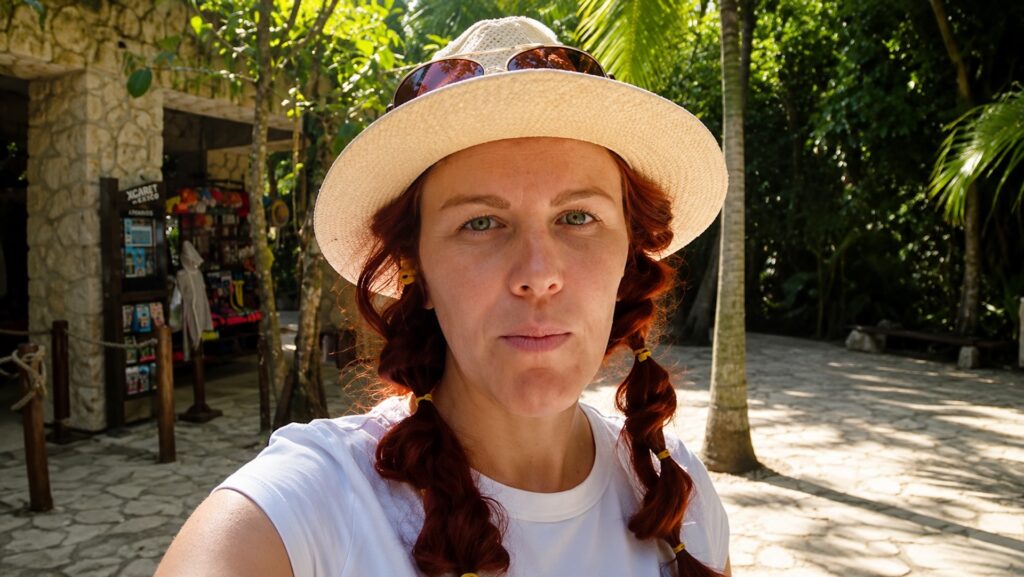 Туристка на территории парка Xcaret возле сервисной зоны Plus