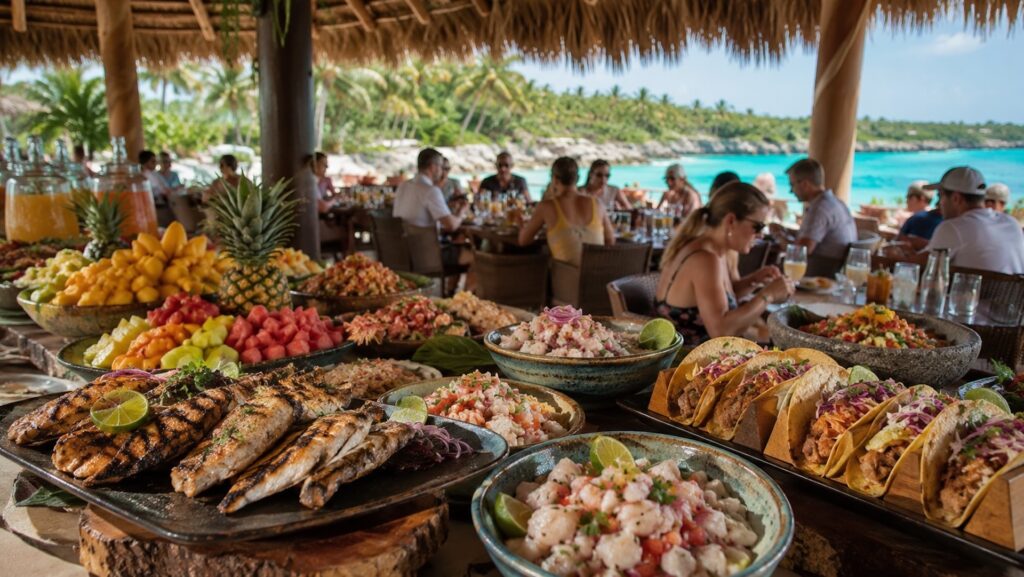 Шведский стол в ресторане Xcaret Plus с мексиканской кухней