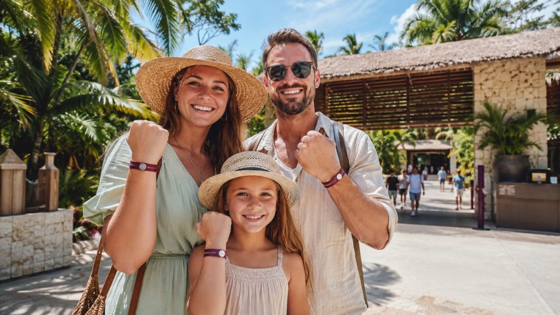 Что входит в билет Xcaret Plus — семья с браслетами Plus у входа в парк Шкарет