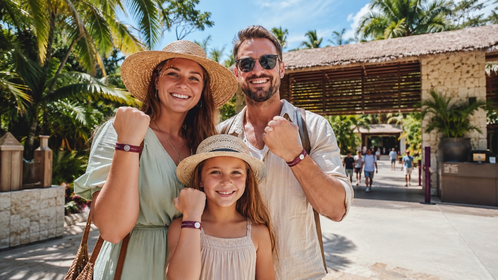 Что входит в билет Xcaret Plus — семья с браслетами Plus у входа в парк Шкарет