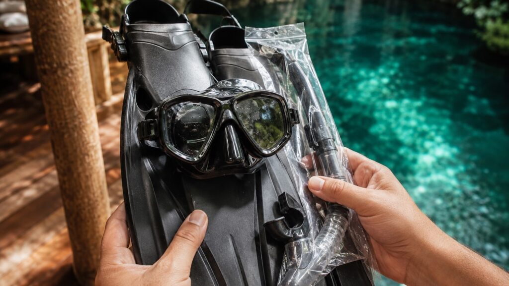 Маска, трубка и ласты, которые входят в билет Xcaret Plus