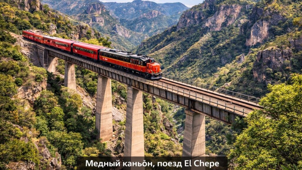 Поезд El Chepe в Медном каньоне Мексики.