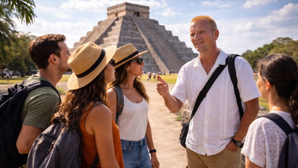 русский гид проводит экскурсию в Чичен-Ице для туристов в Мексике